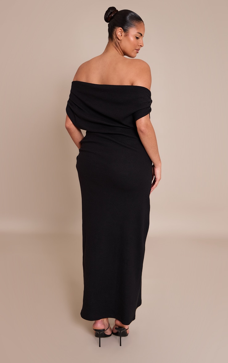 Plus Black Brushed Rib Asymmetric Ruched Detail Maxi Dress image 2