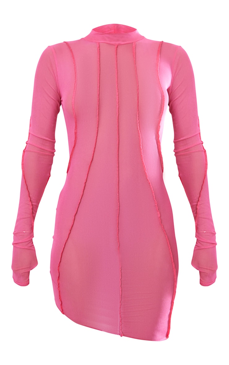 Hot Pink Mesh Exposed Seam Long Sleeve Bodycon Dress image 5