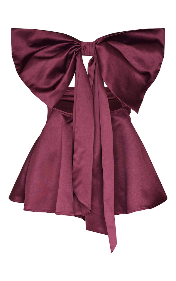 Burgundy Satin Oversized Bow Bandeau Romper