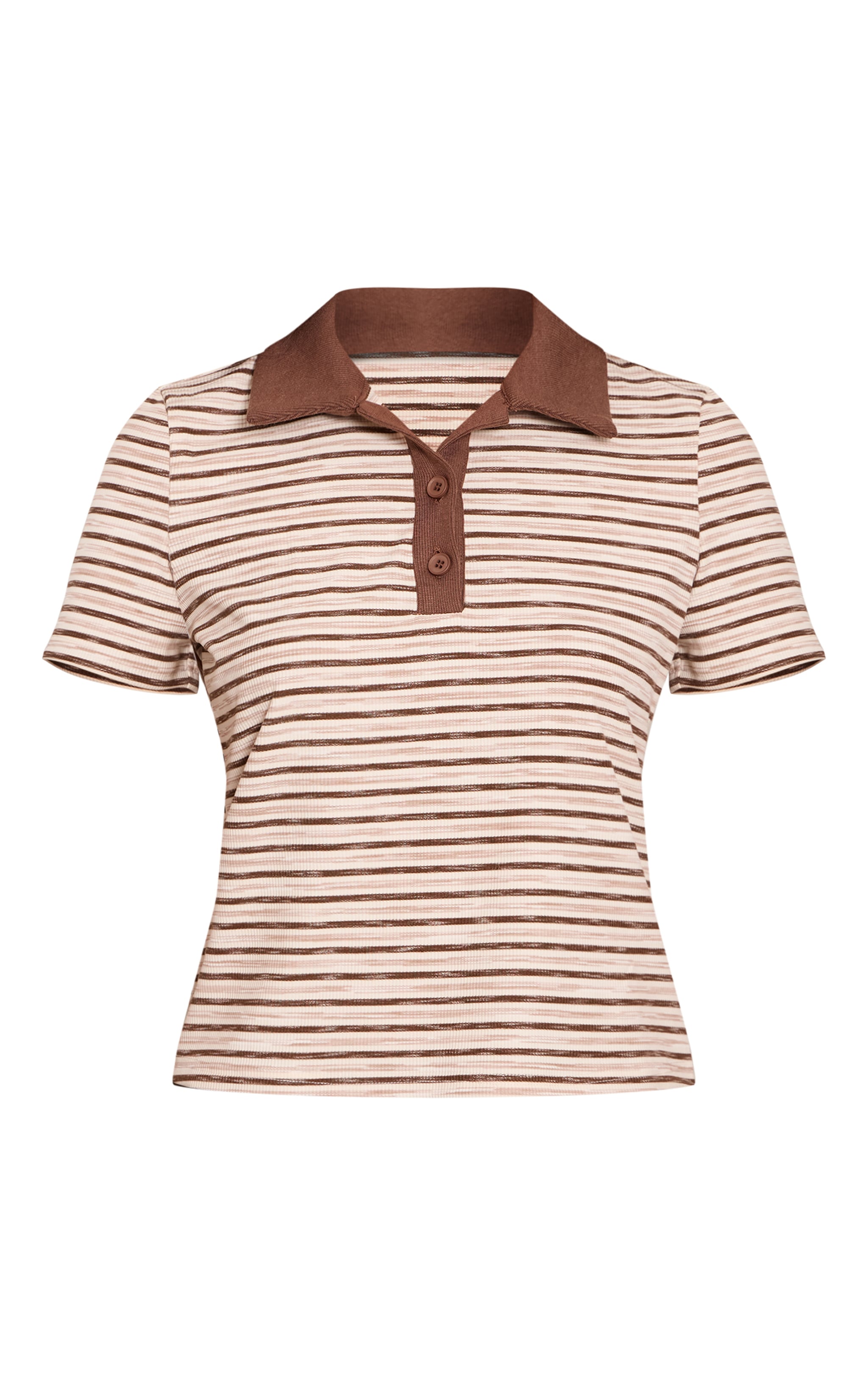 Light Brown Soft Rib Striped Detail  Collared Short Sleeve Top  image 5