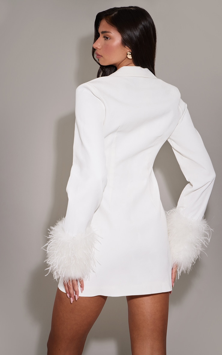 White Woven Feather Cuff Blazer Dress image 2