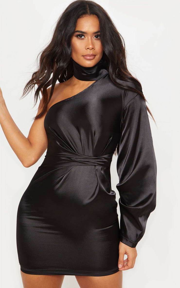 Black Satin High Neck Bodycon Dress Dresses PrettyLittleThing USA