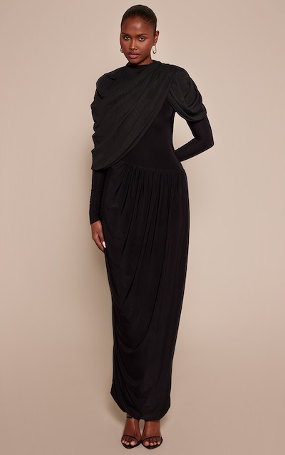 Black Overlay Detail Long Sleeve Maxi Dress