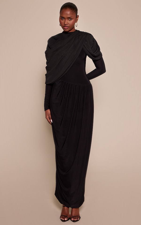 Black Overlay Detail Long Sleeve Maxi Dress