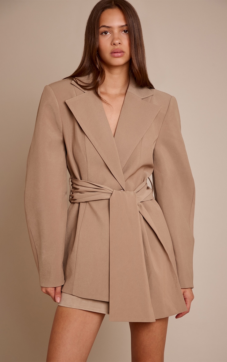 Taupe Gathered Wrap Waist Belted Blazer image 1