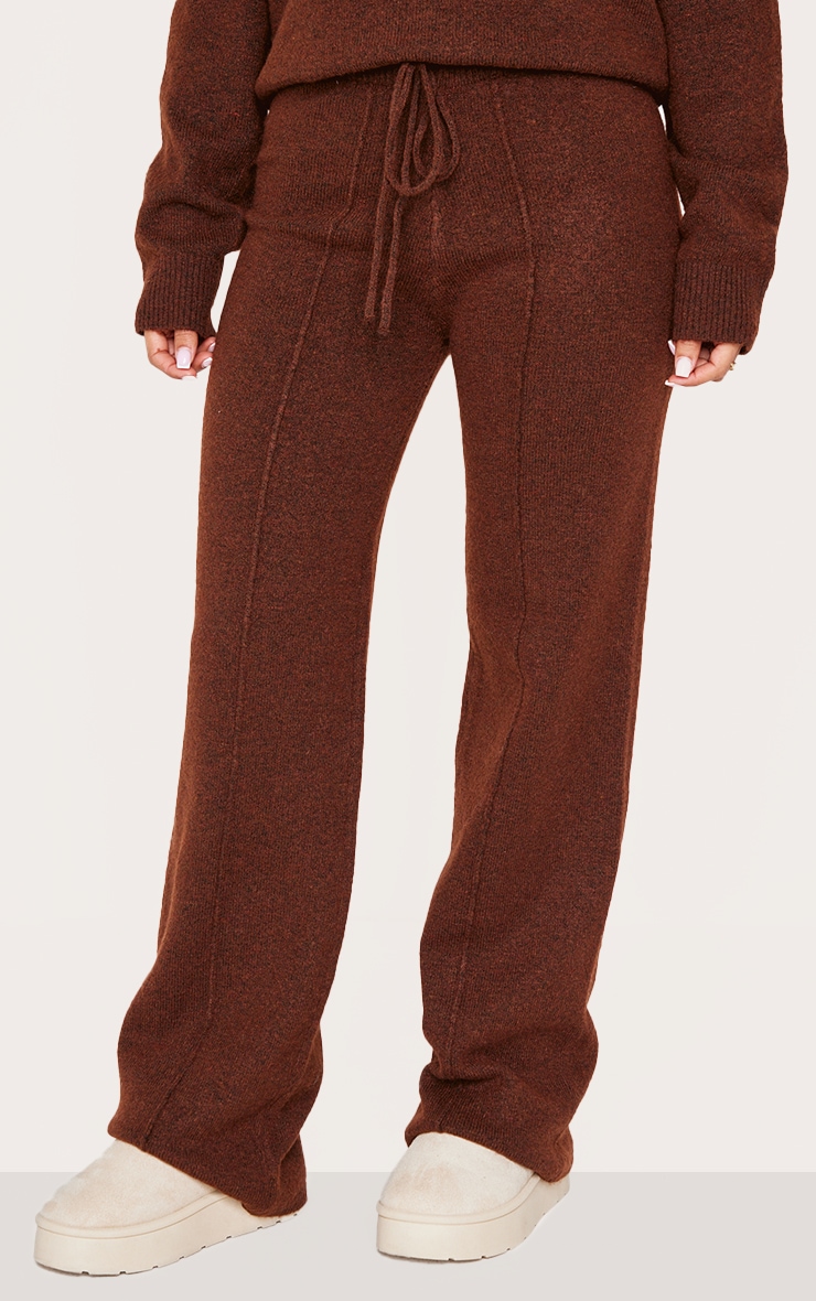Petite Chocolate Knitted Seam Detail Wide Leg Pants image 2
