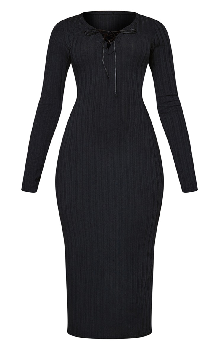 Robe longue côtelée noire à détail lacé image 5