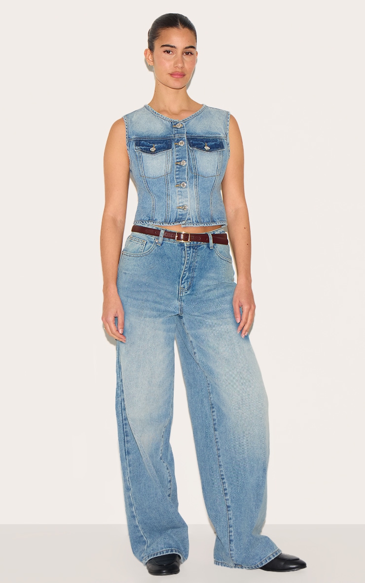 Mid Blue Wash Round Neck Sleeveless Denim Crop Top image 3