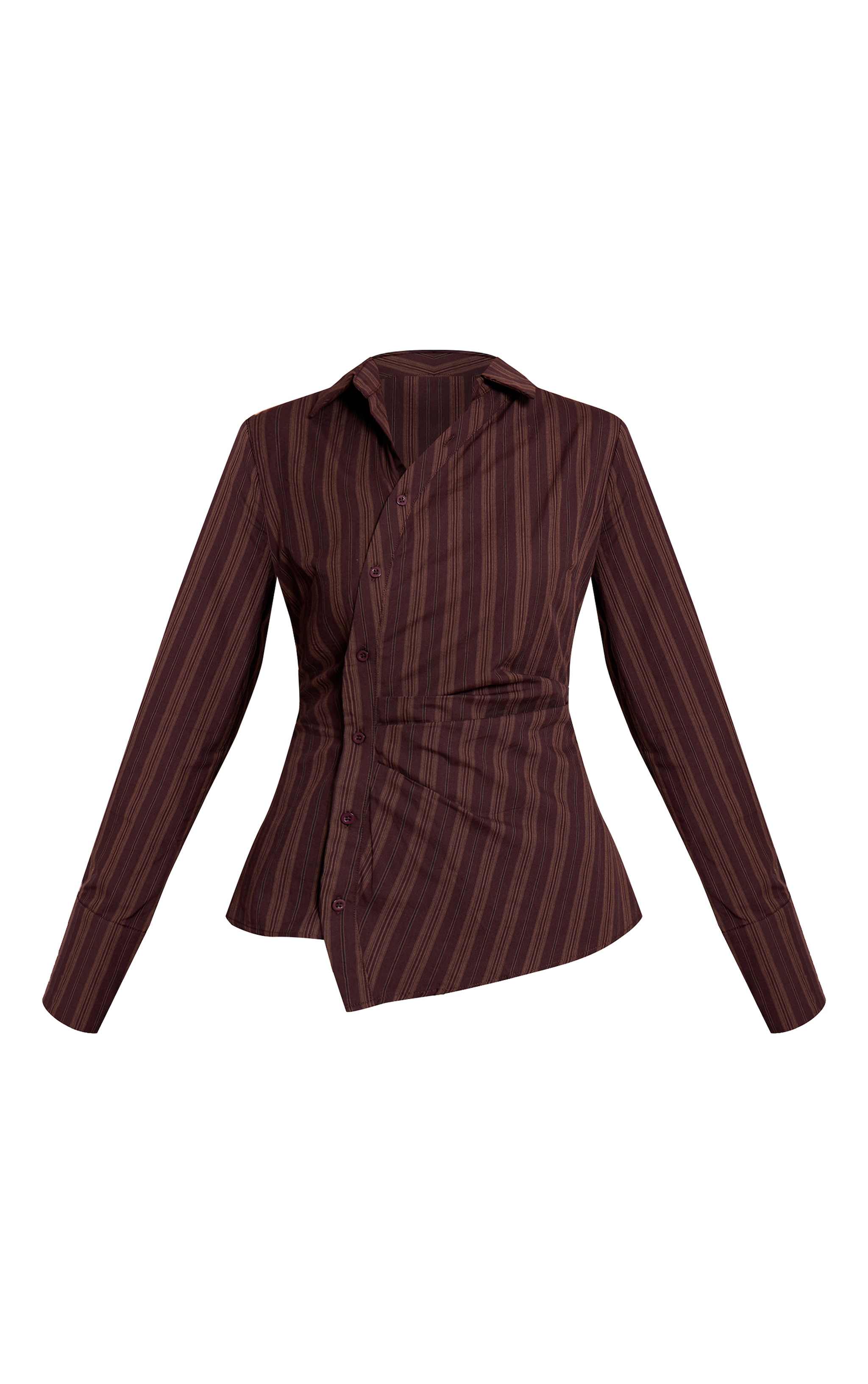 Dark Brown Woven Pinstriped Asymmetrical Shirt image 5