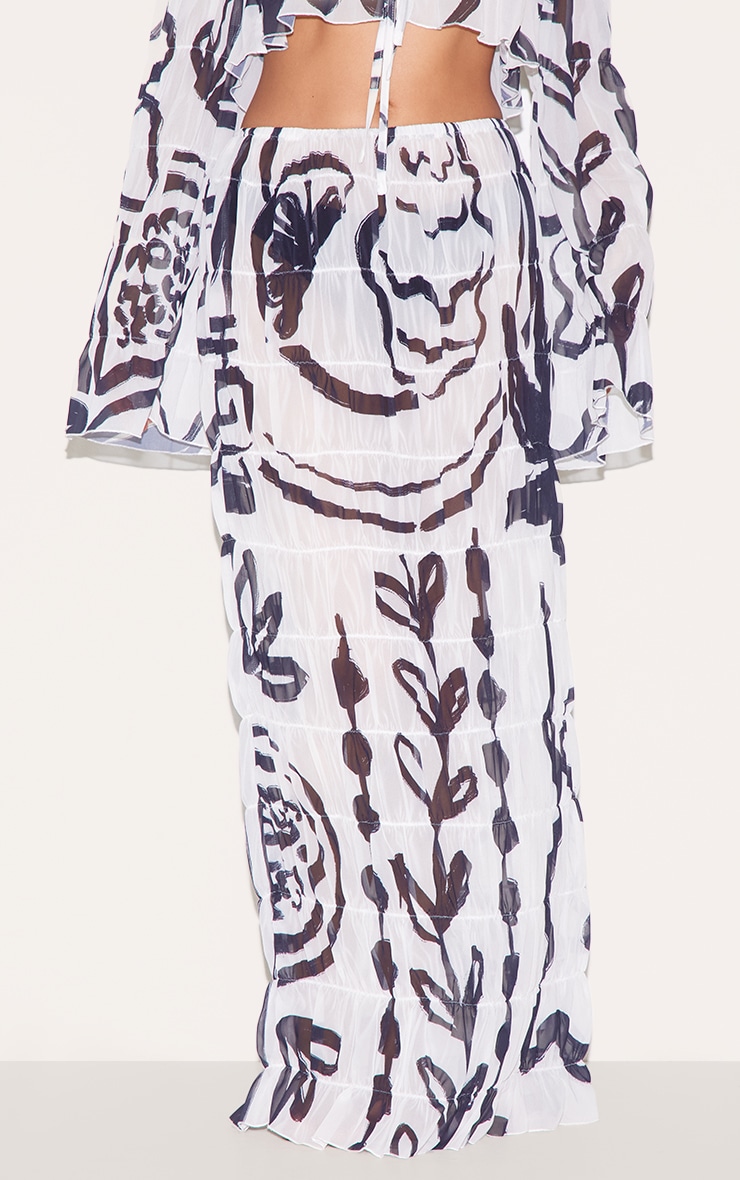 White Monochrome Chiffon Floral Maxi Beach Skirt image 2