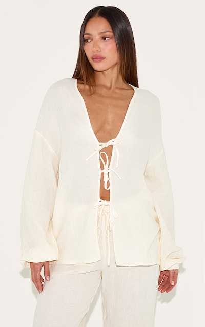 Chemise haute à nouer en étamine texturée crème