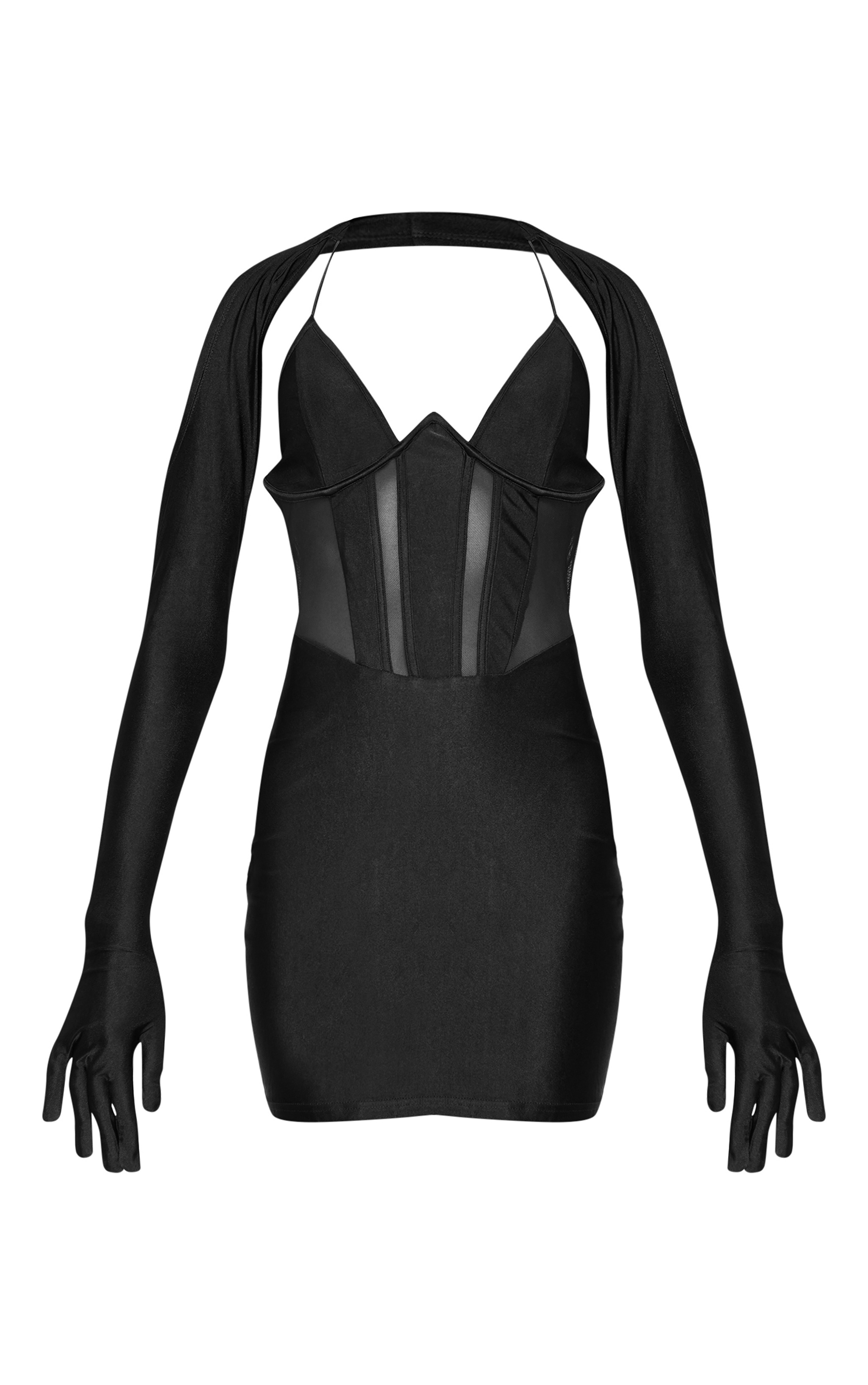 Black Corset Mesh Panel Glove Sleeve Bodycon Dress image 5