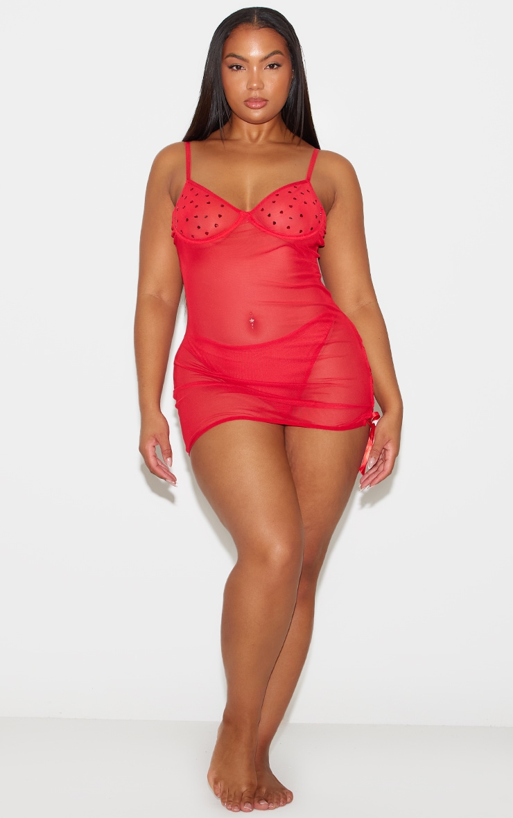 Plus Red Mesh Diamante Heart Underwired Lace Up Slip Dress image 3