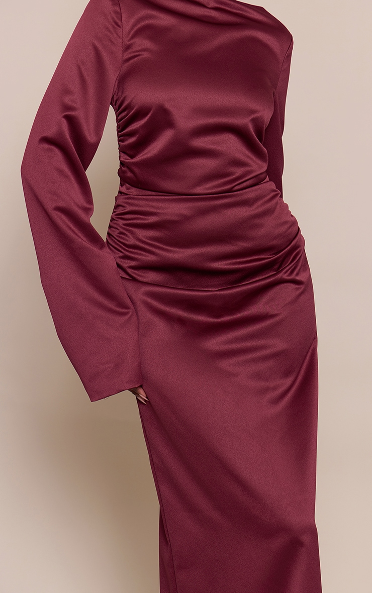 Wine Satin High Neck Flared Sleeve Maxi Dress image 4