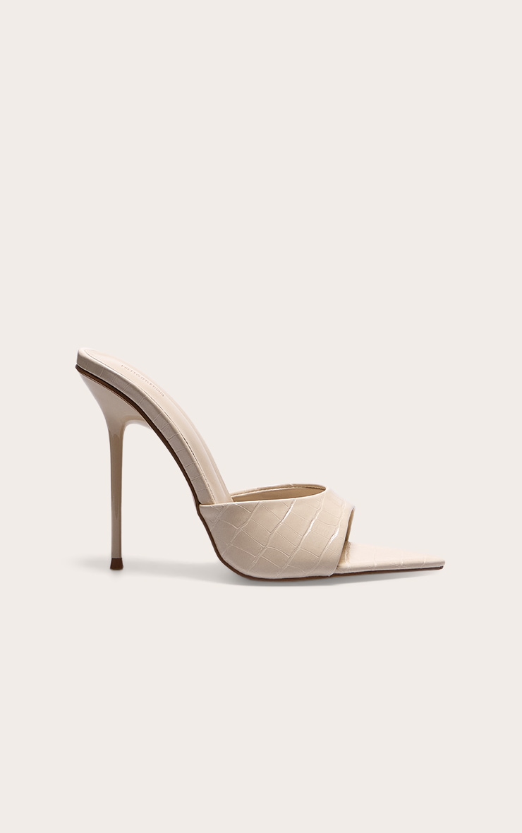 Cream Croc Pu Point Toe High Stiletto Heeled Mules image 1