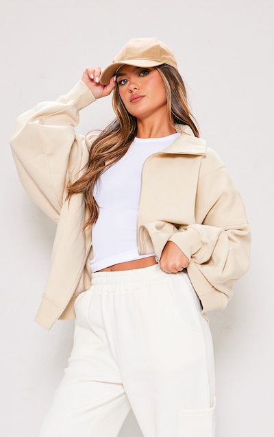 Stone Zip Up Neck Wide Pocket Detail Panel Sweatshirt