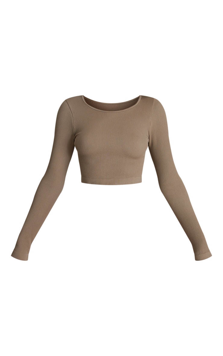 Coffee Structured Contour Ribbed Round Neck Long Sleeve Crop Top image 5