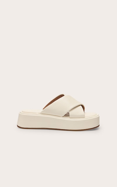Cream Pu Round Toe Cross Strap Flatform Sandals