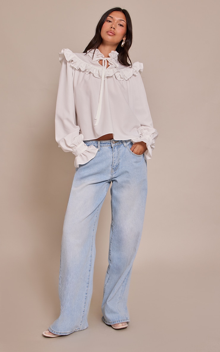 White High Neck Cotton Frill Detail Long Sleeve Shirt image 3