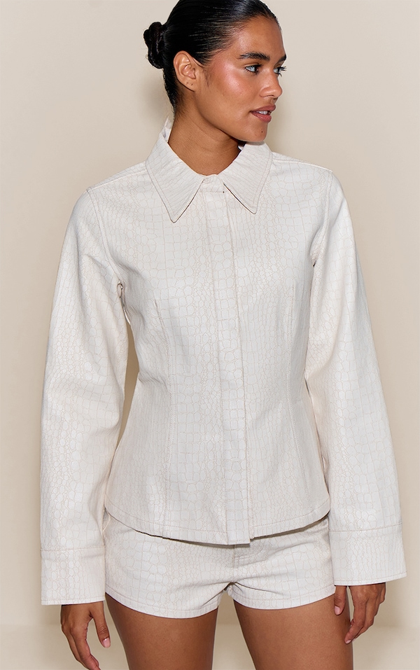 Cream Snake Print Coated Cinched Denim Shirt