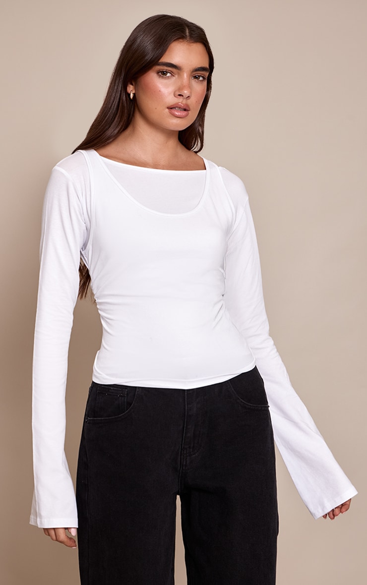 White Cotton Overlay Detail Long Sleeve Top  image 1