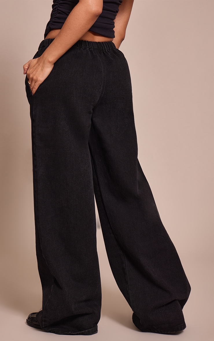 Petite Black Denim Elasticated Tie Waist Wide Leg Jeans image 3