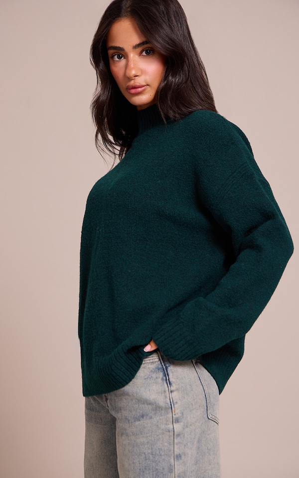 Petite Emerald Knit Oversized Polo Neck Sweater