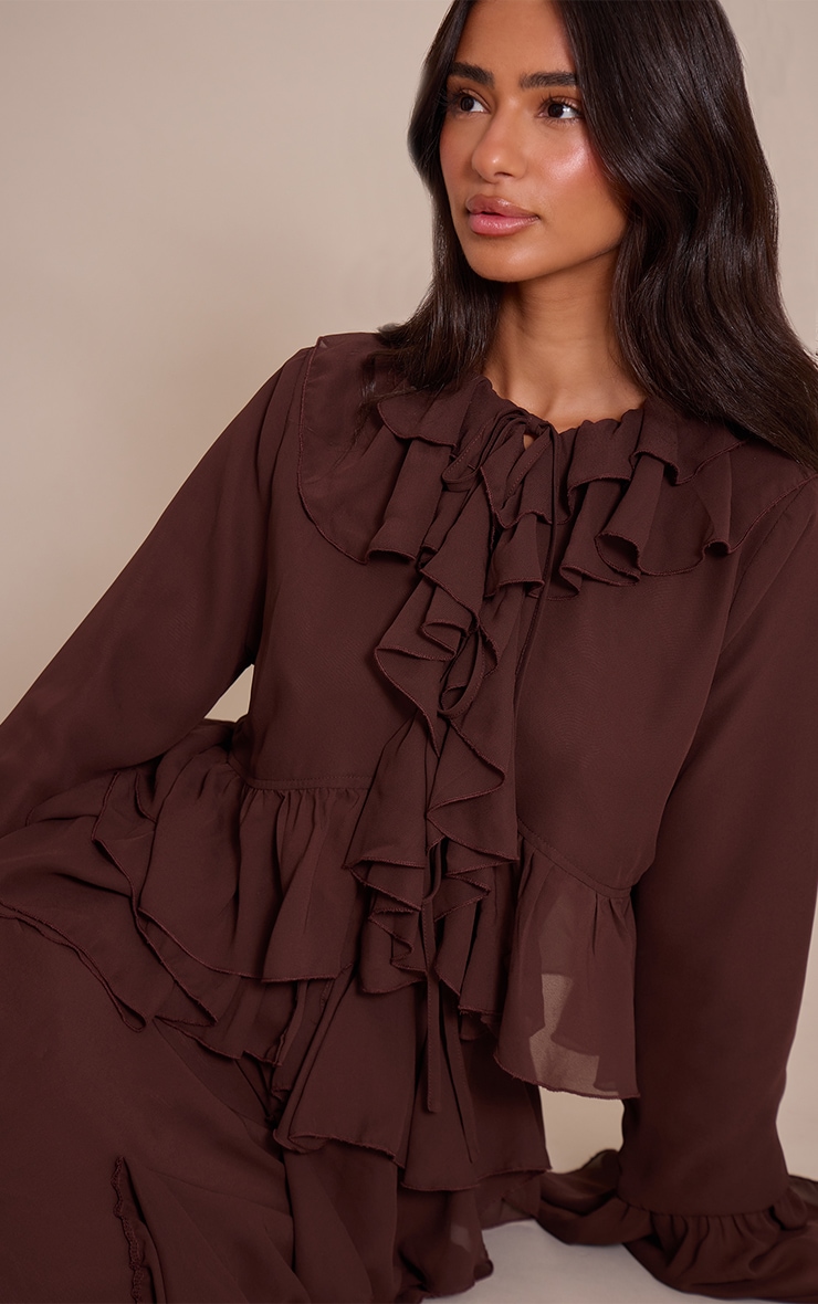 Petite Chocolate Ruffle Detail Long Sleeve Tie Top image 3