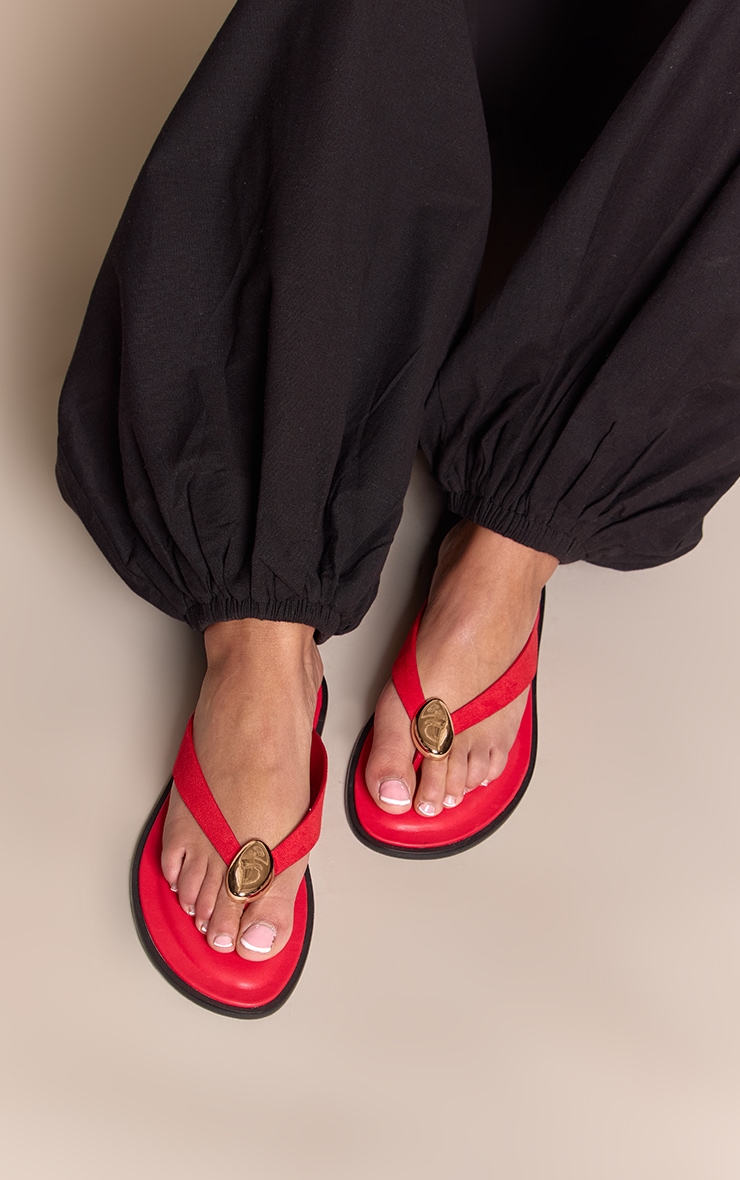 Red Faux Suede Gold Trim Toe Thong Sandals