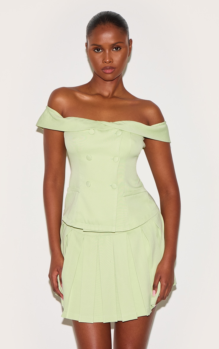 Pale Lime Tailored Button Detail Bardot Pleated Skort Playsuit image 1