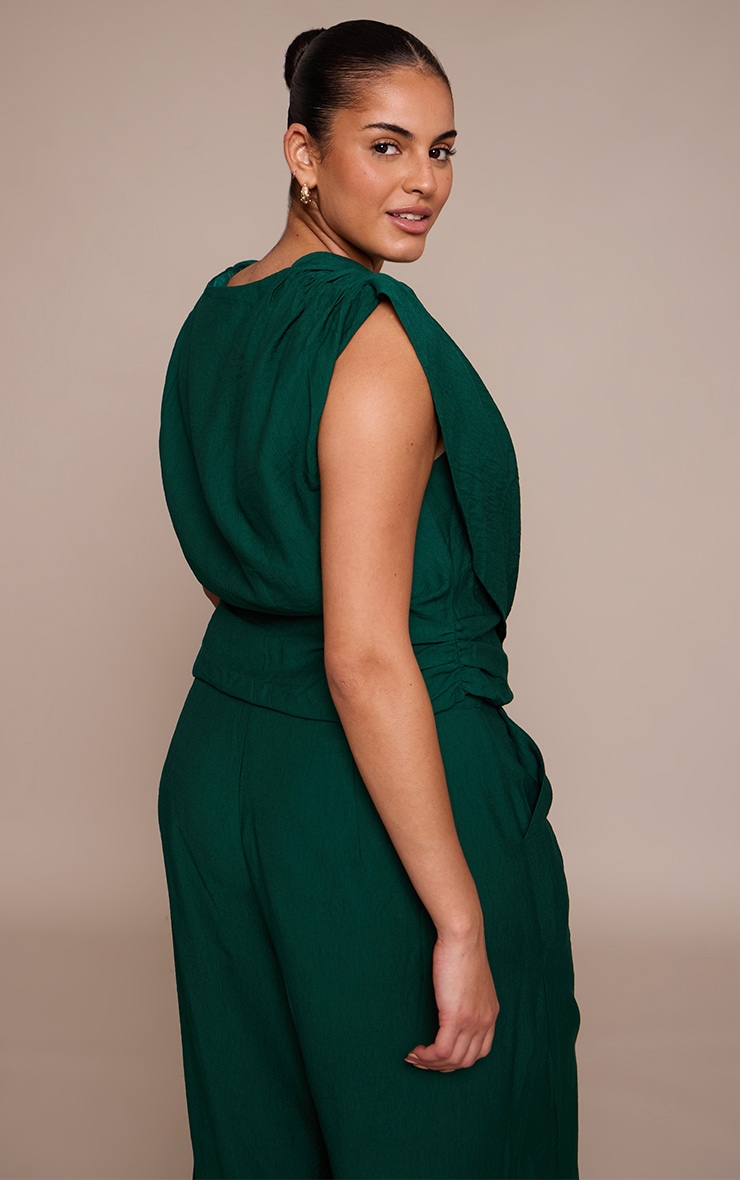 Plus Emerald Green Woven Ruched Shoulder Cowl Neck Top  image 2