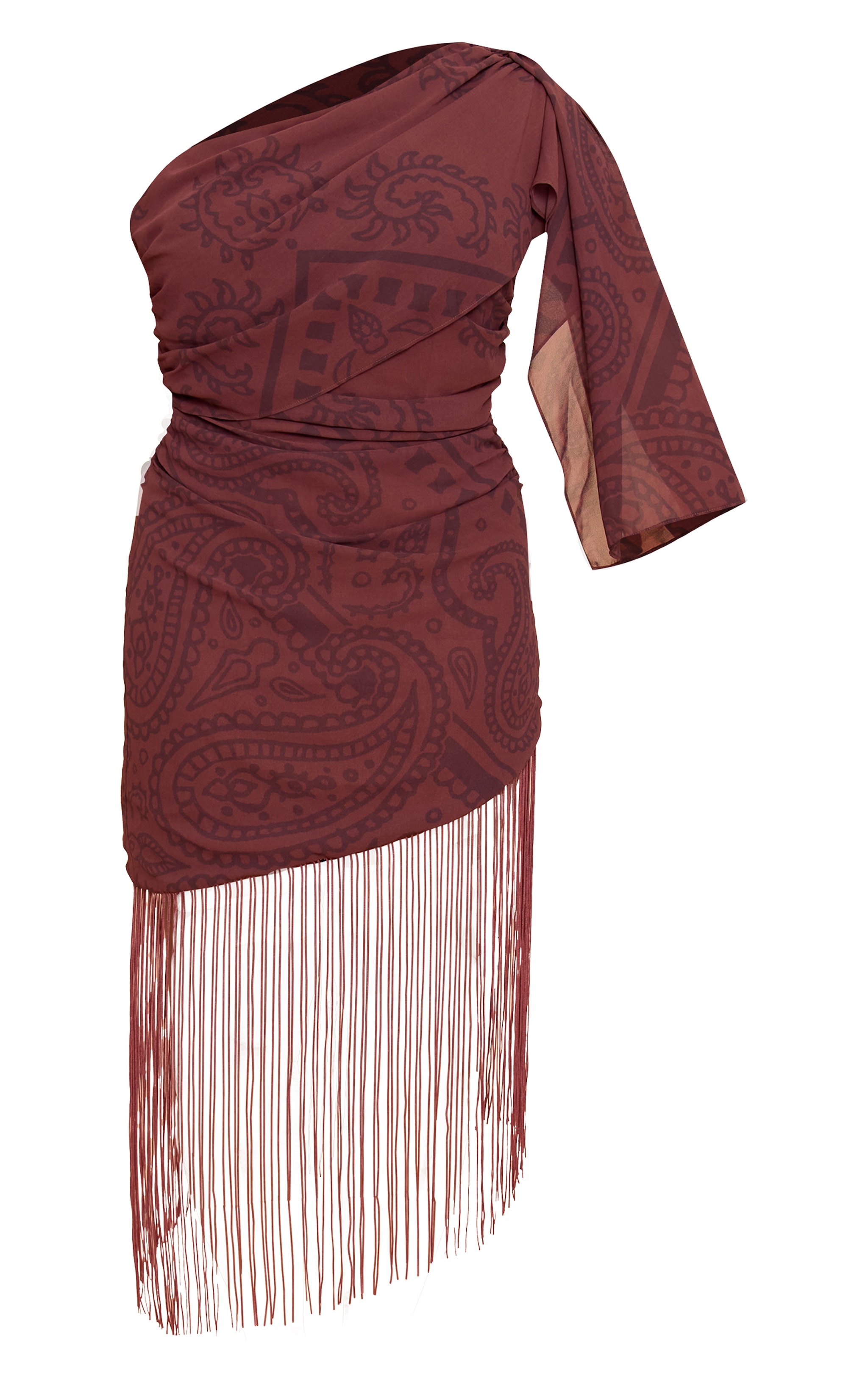 Shape Chocolate Paisely Print Fringe Hem One Shoulder Mini Dress image 5