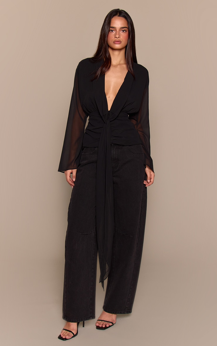 Black Chiffon Cinched Drape Detail Blouse image 3