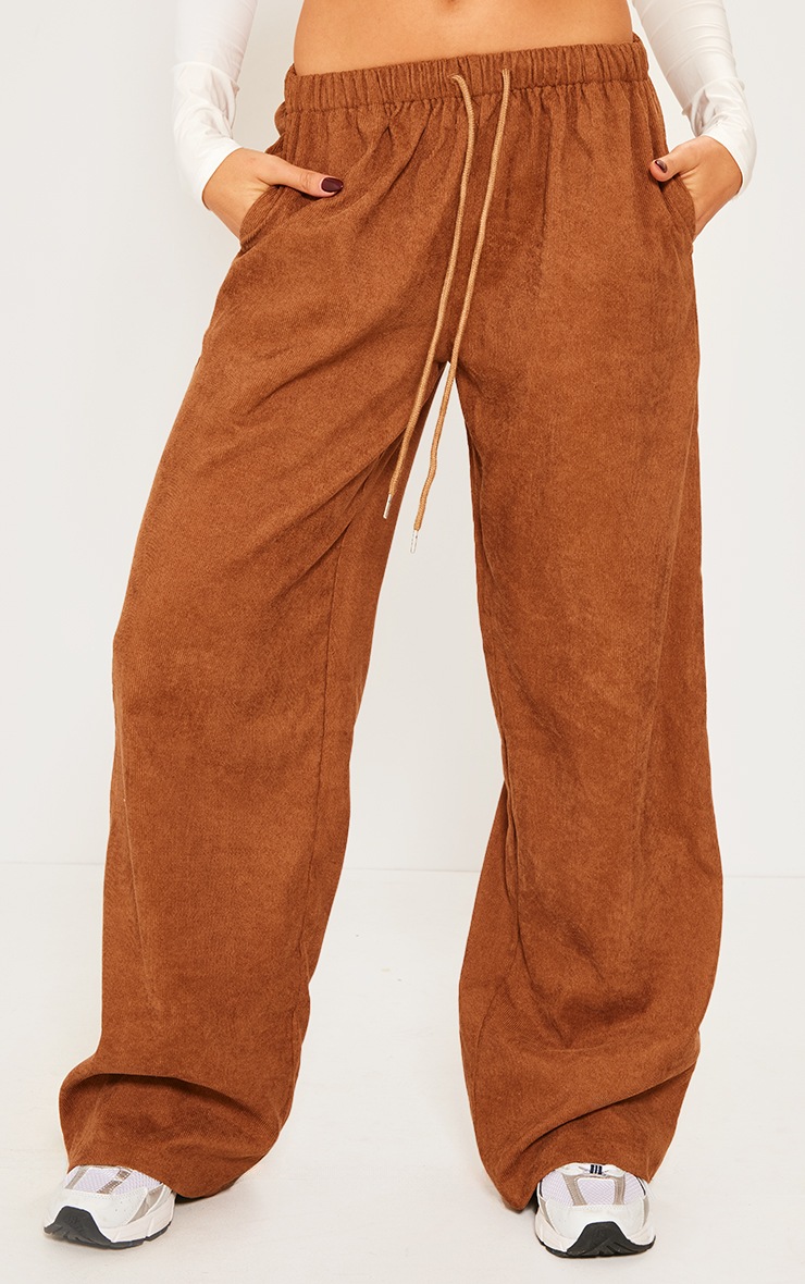 Mocha Cord Tie Waist Low Rise Trousers image 2