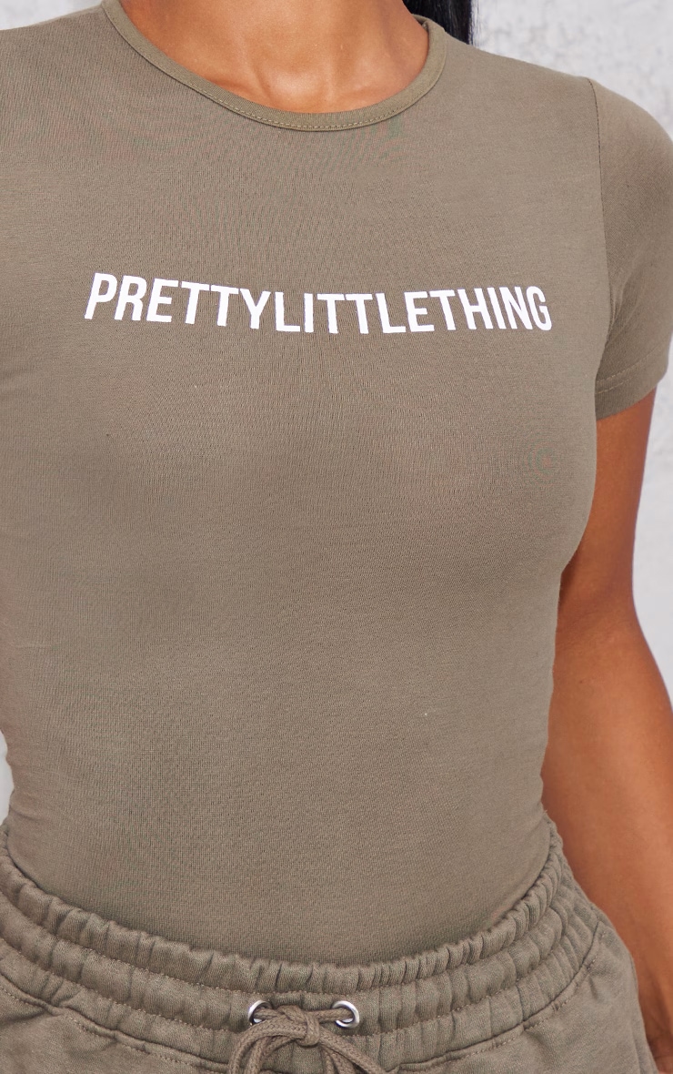 PRETTYLITTLETHING Logo Sage Khaki Short Sleeve Bodysuit image 4