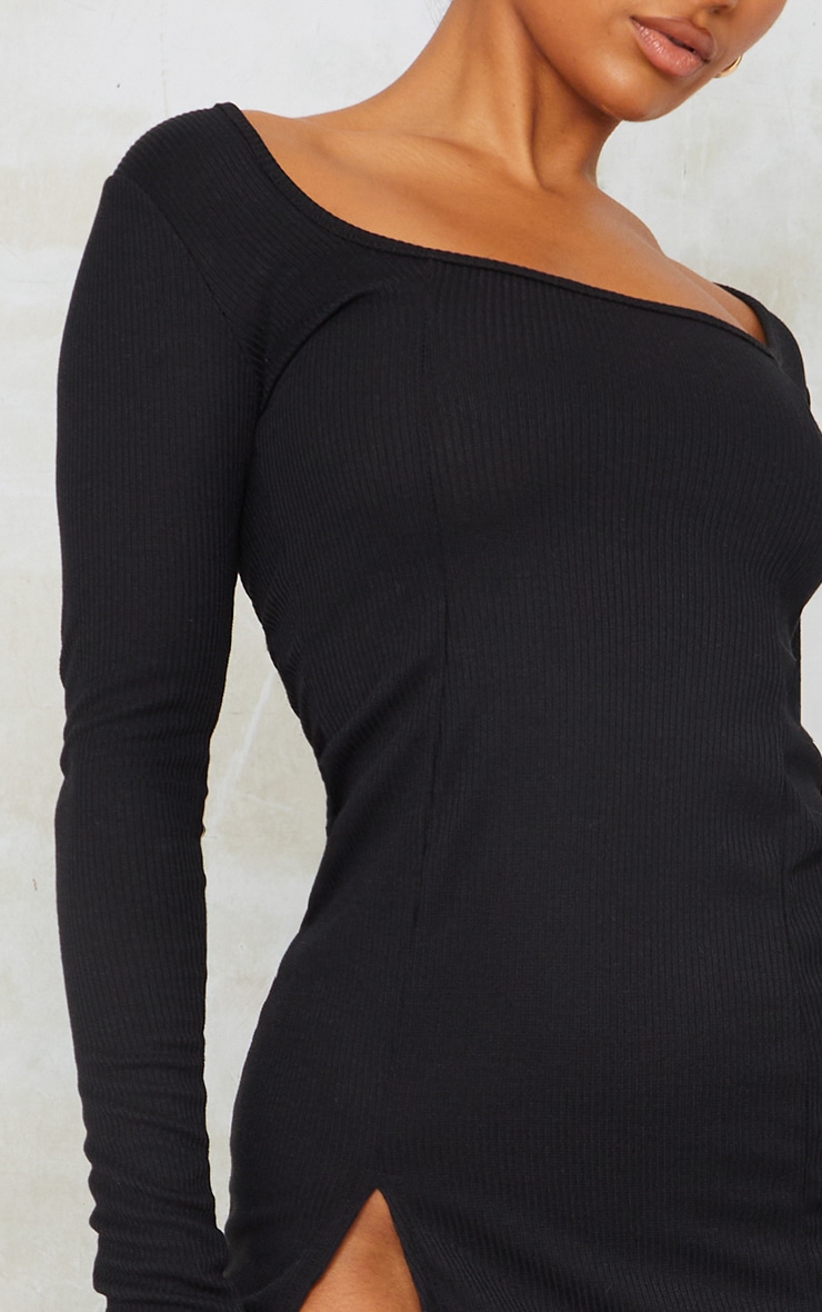 Black Rib Split Hem Square Neck Long Sleeve Bodycon Dress image 4