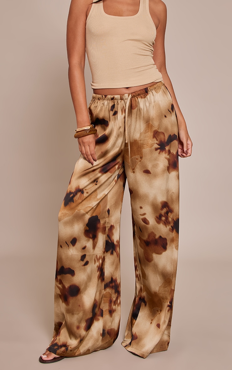 Brown Floral Abstract Print Satin Drawstring Low Rise Pants image 2