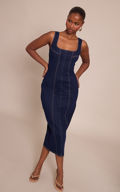 Indigo Bodycon Seam Detail Denim Maxi Dress