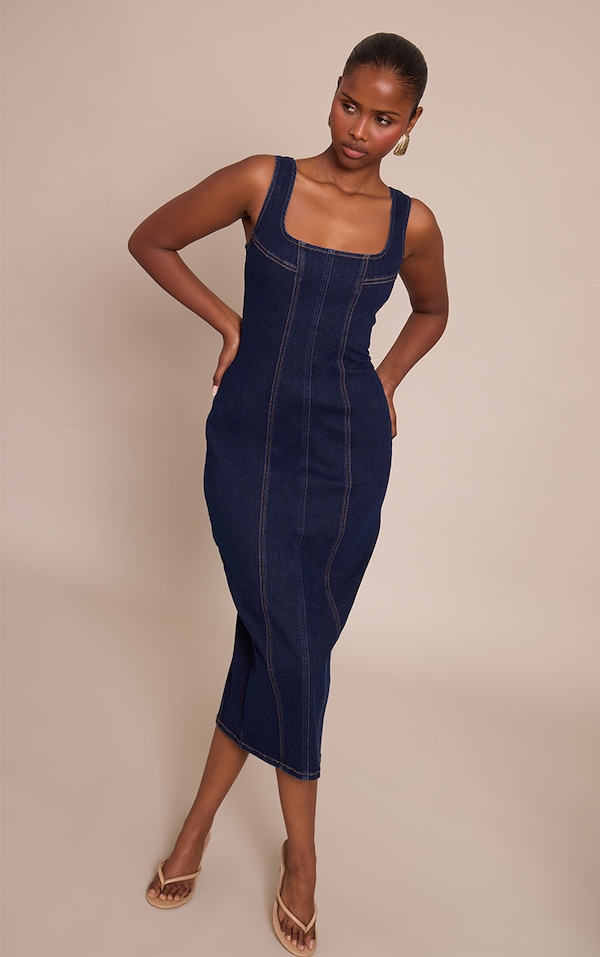 Indigo Bodycon Seam Detail Denim Maxi Dress