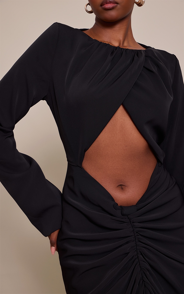 Black Cut Out Detail Woven Long Sleeve Maxi Dress image 4