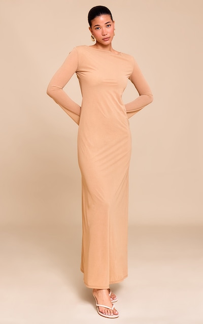 Camel Chiffon Boat Neck Long Sleeve Maxi Dress