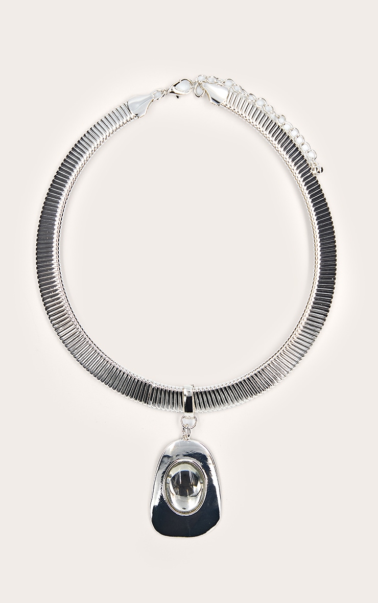 Silver Smooth Clear Stone Pendant Necklace image 3