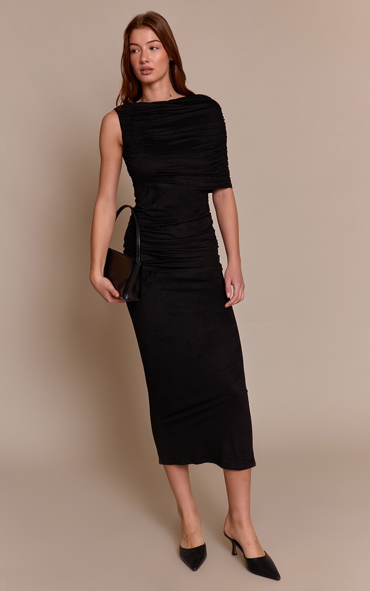 Black Faux Suede One Shoulder Drape Detail Maxi Dress image 1