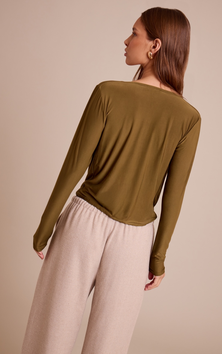 Dark Olive Slinky Cowl Wrap Detail Long Sleeve Top  image 2