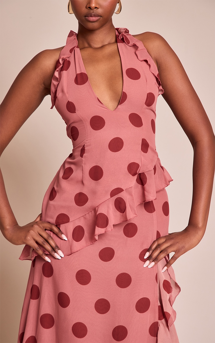 Light Pink Polka Dot Chiffon Frill Plunge Long Top image 4