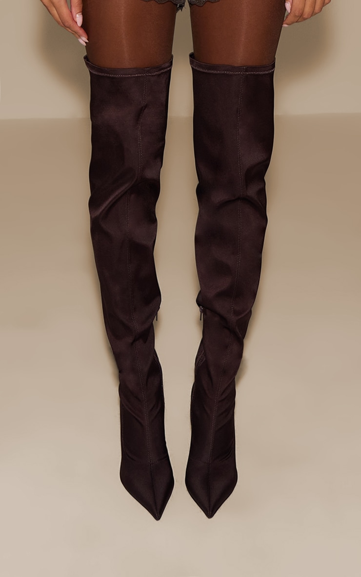 Chocolate Satin Point Toe Over The Knee Stiletto Boot image 2