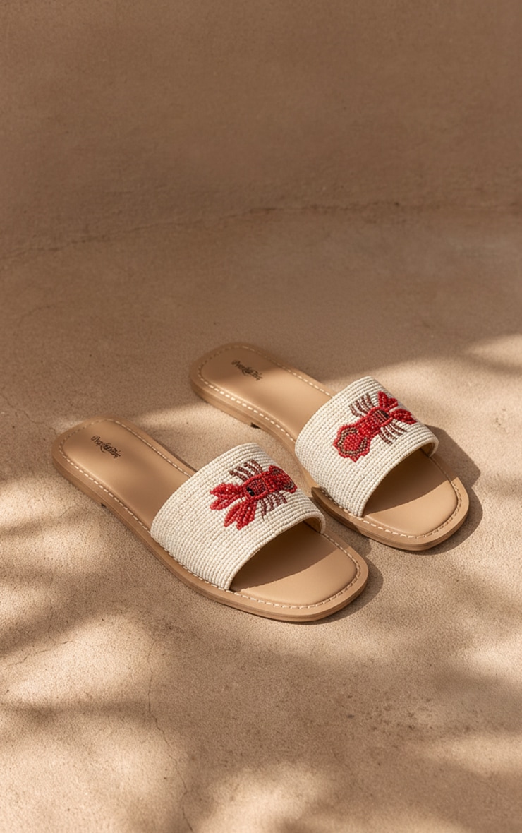 Cream Lobster Embellished Mule Flat Sandals