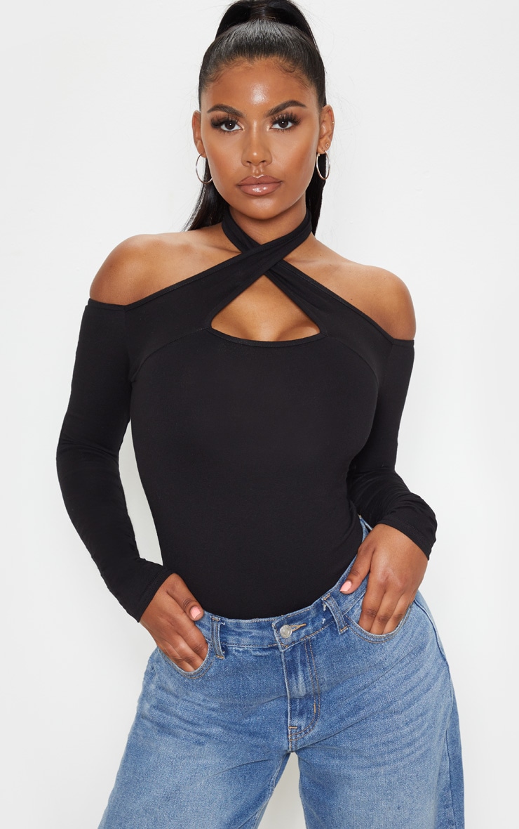 Black Cotton Cut Out Long Sleeve Bodysuit PrettyLittleThing USA