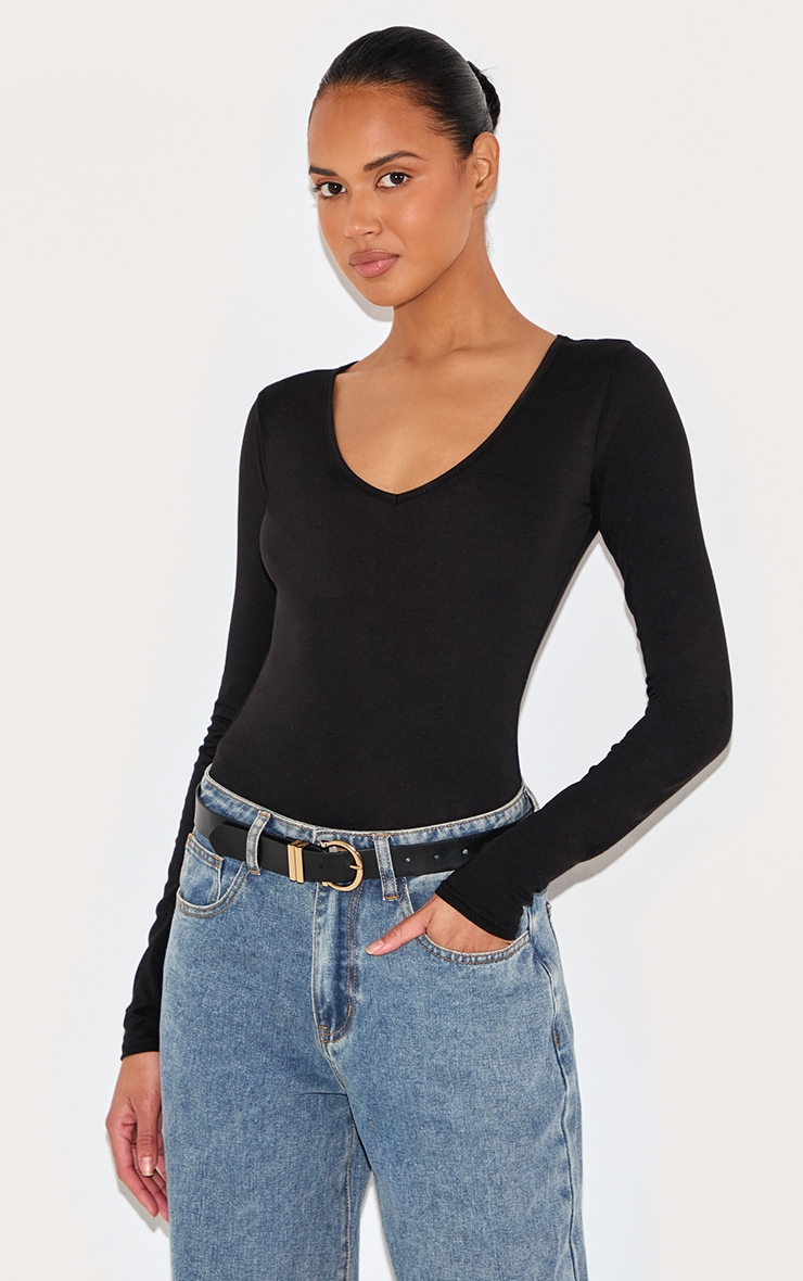 Basic Black Cotton Blend Plunge Long Sleeve Bodysuit