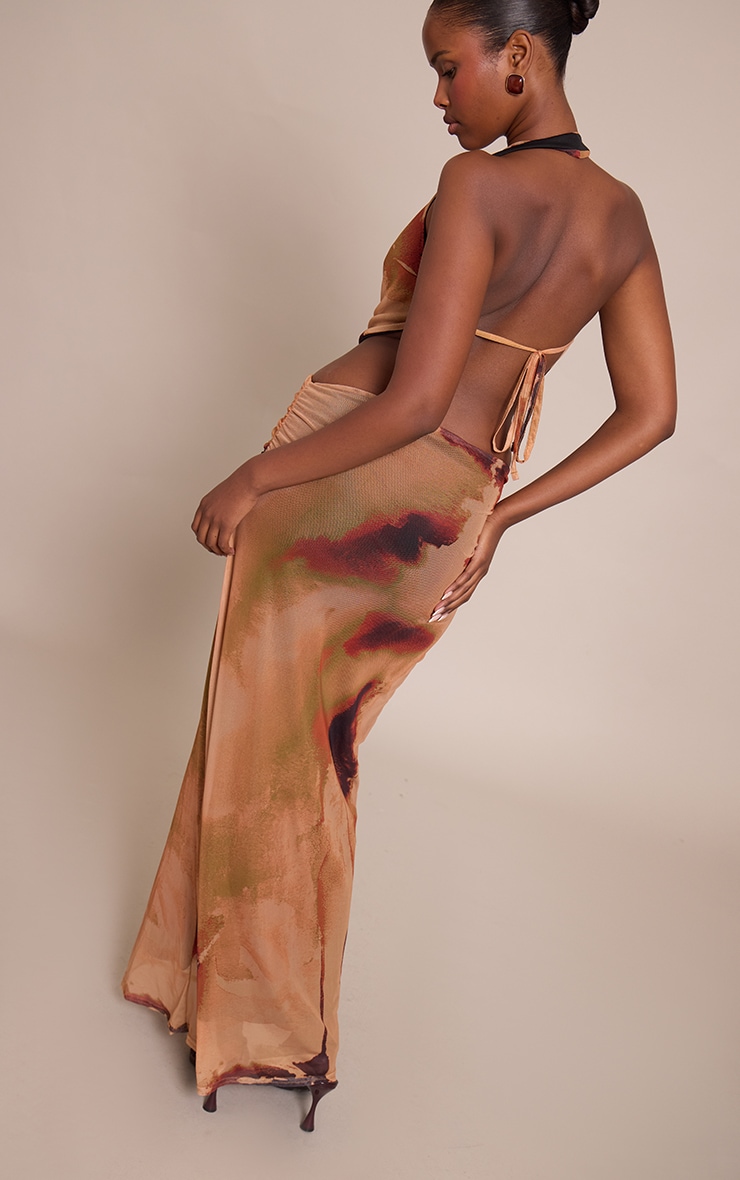 Camel  Abstract Print Mesh Maxi Skirt image 3